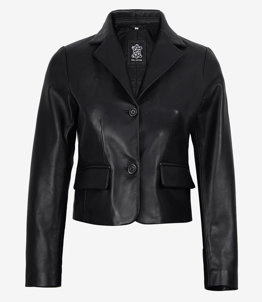 Women's Black Genuine Leather Cropped Blazer – Two Button Tailored Jacket