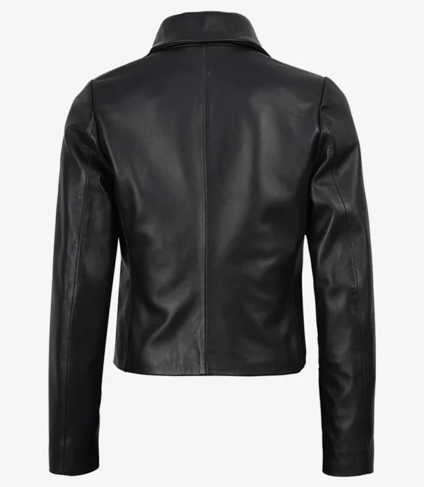 Women's Black Genuine Leather Cropped Blazer – Two Button Tailored Jacket