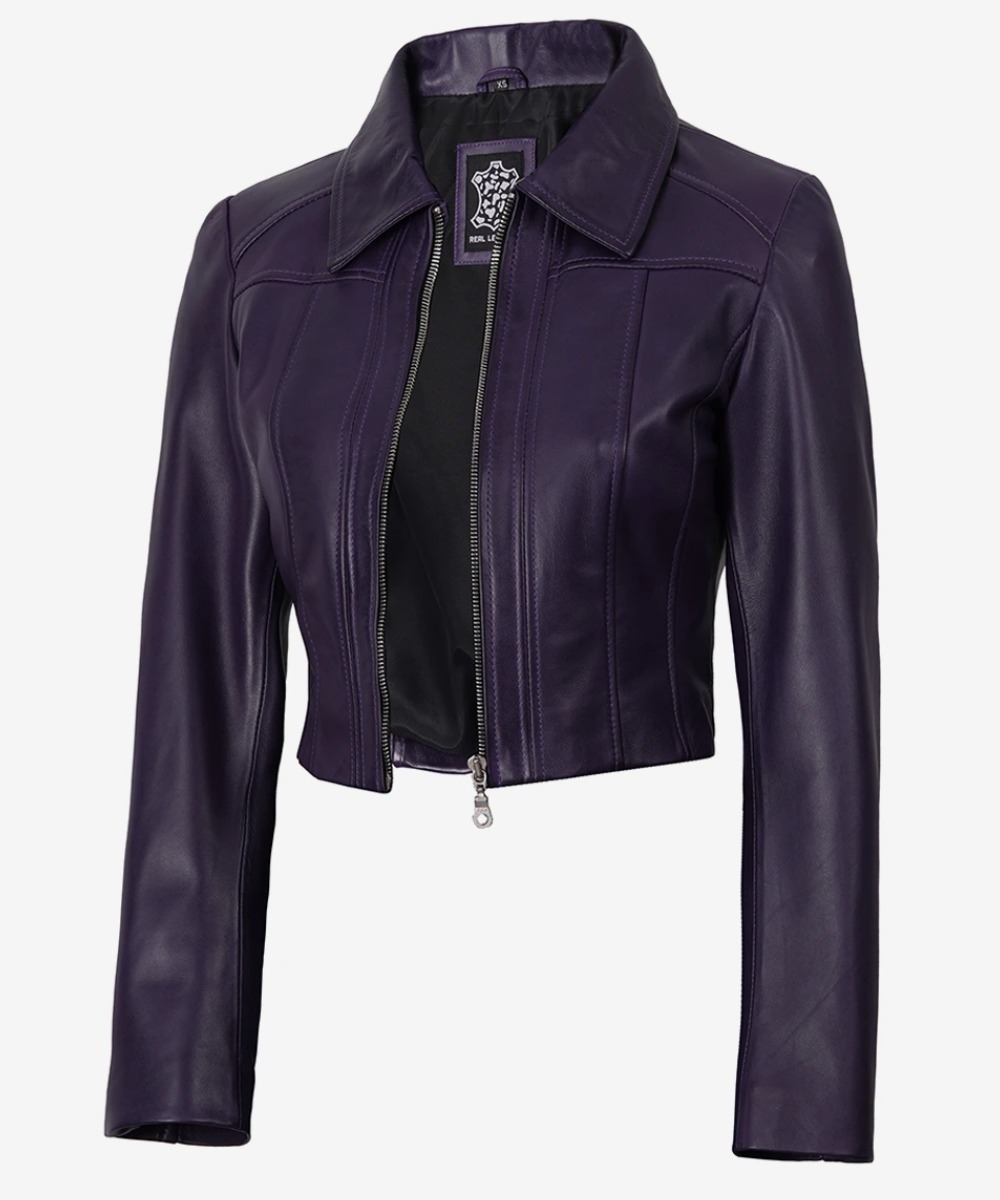 Women’s Purple Leather Jacket – Stylish Cropped Silhouette