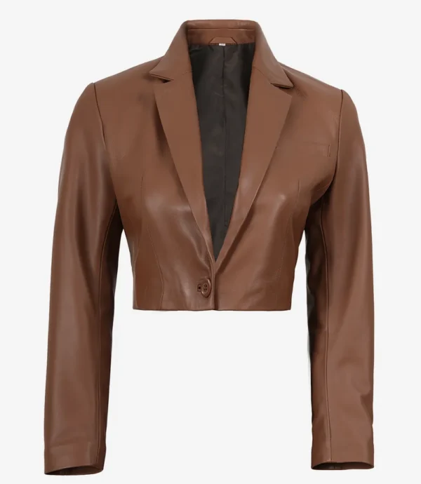 Women's Cropped Cognac Leather Blazer with Single Button
