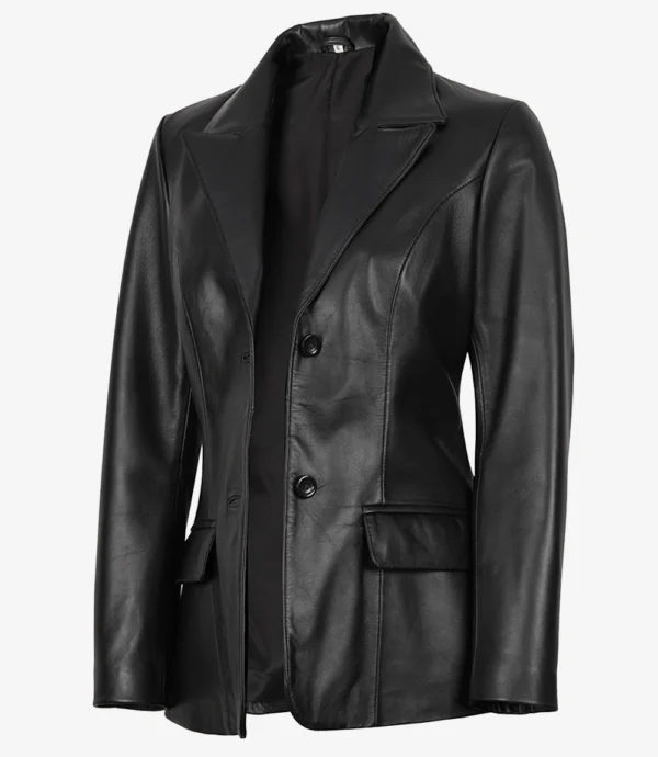 Women’s Black Leather Two-Button Tailored Blazer