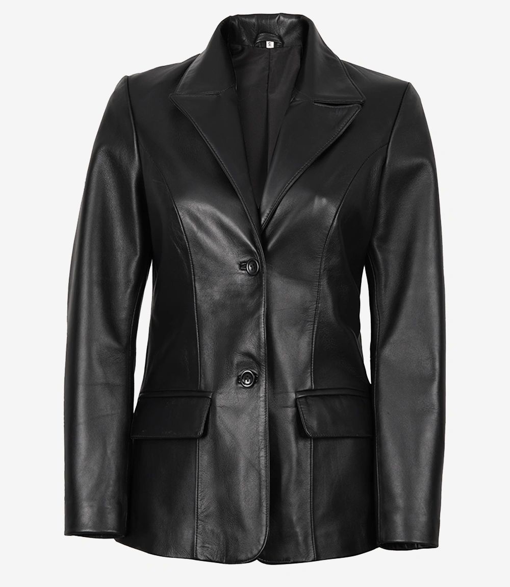 Women’s Black Leather Two-Button Tailored Blazer