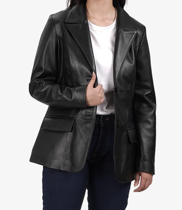 Women’s Black Leather Two-Button Tailored Blazer