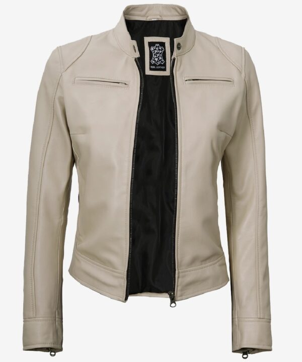 Women’s Beige Leather Café Racer Jacket – Classic Zip-Up Style