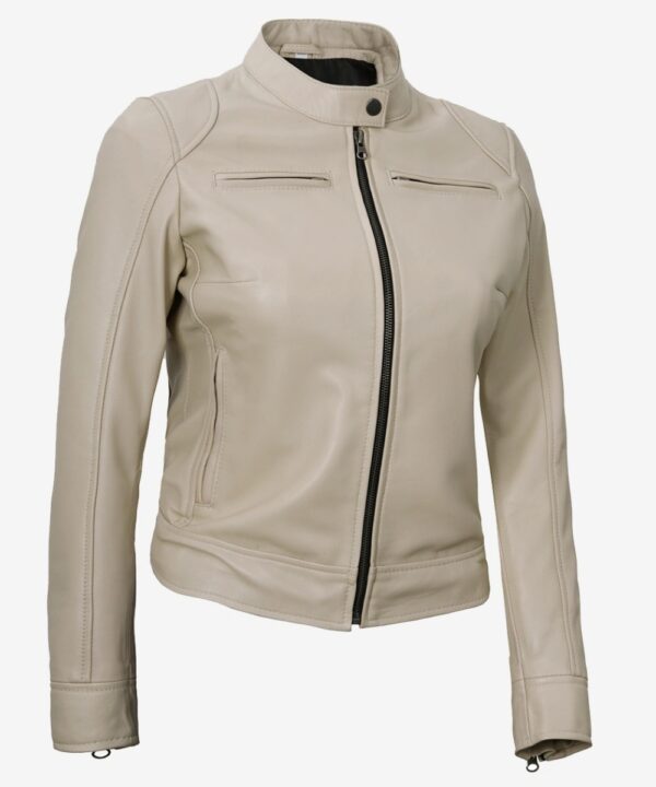 Women’s Beige Leather Café Racer Jacket – Classic Zip-Up Style