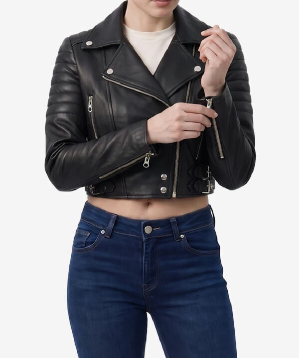 Women’s Black Asymmetric Leather Jacket – Cropped Moto Style