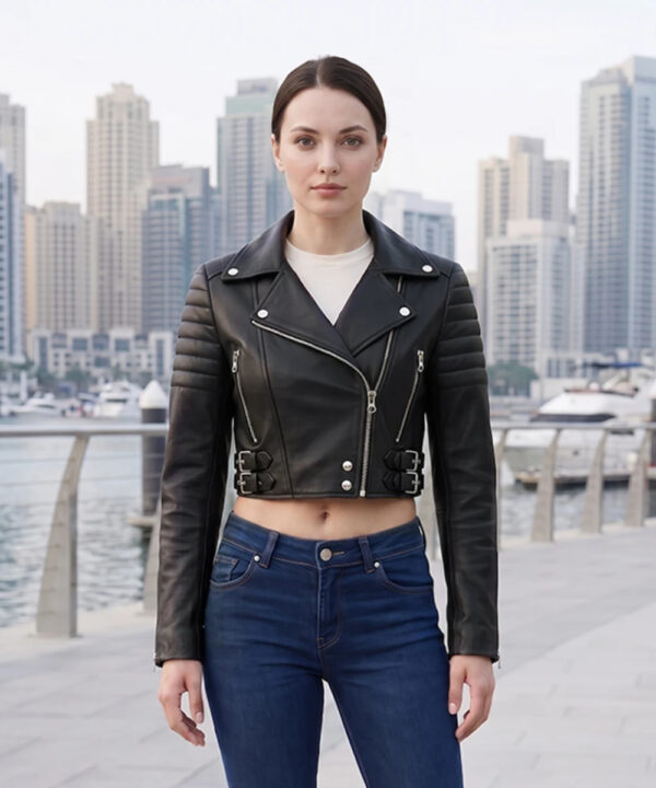 Women’s Black Asymmetric Leather Jacket – Cropped Moto Style