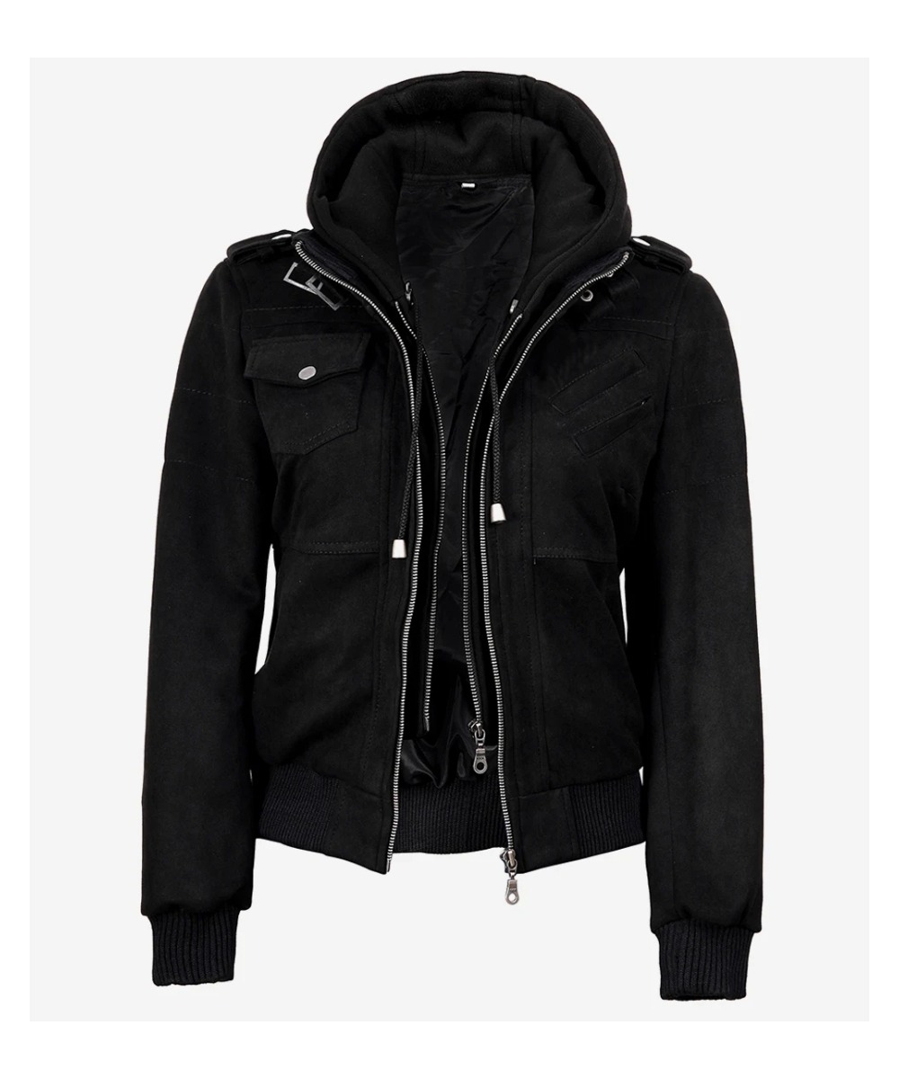 Women’s Black Faux Suede Hooded Jacket – Casual Style