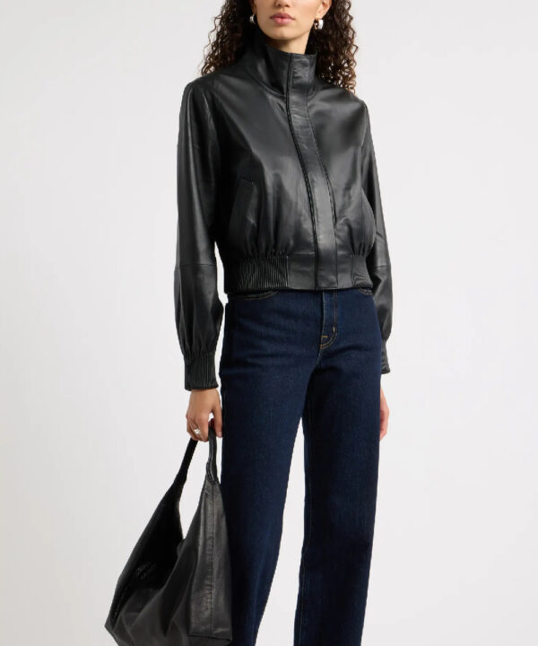 Women’s Black Funnel Neck Genuine Leather Bomber Jacket