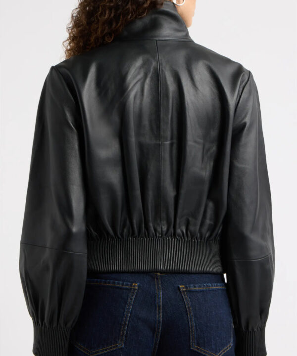 Women’s Black Funnel Neck Genuine Leather Bomber Jacket