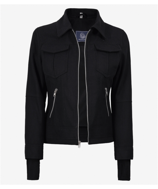 Women’s Black Wool Hooded Jacket – Zip Front Winter Style