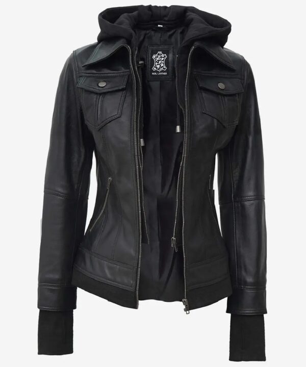 Women’s Black Leather Bomber Jacket – Detachable Hood Style