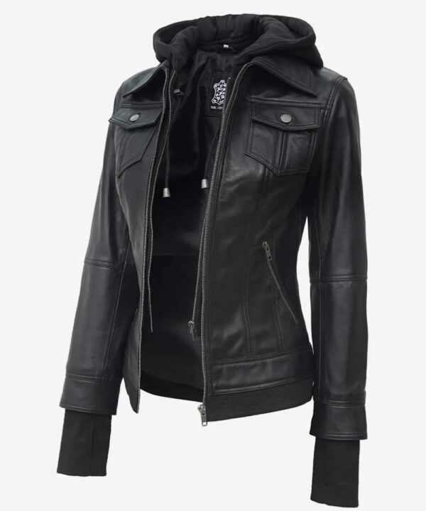 Women’s Black Leather Bomber Jacket – Detachable Hood Style
