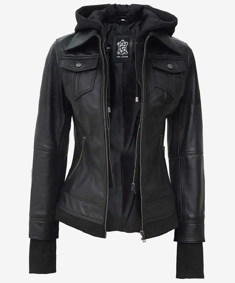 Women’s Black Leather Bomber Jacket – Detachable Hood Style