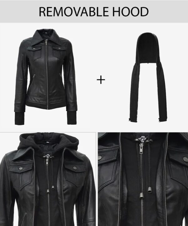 Women’s Black Leather Bomber Jacket – Detachable Hood Style