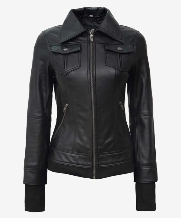 Women’s Black Leather Bomber Jacket – Detachable Hood Style