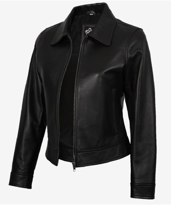 Women’s Black Leather Harrington Jacket – Refined Casual Design