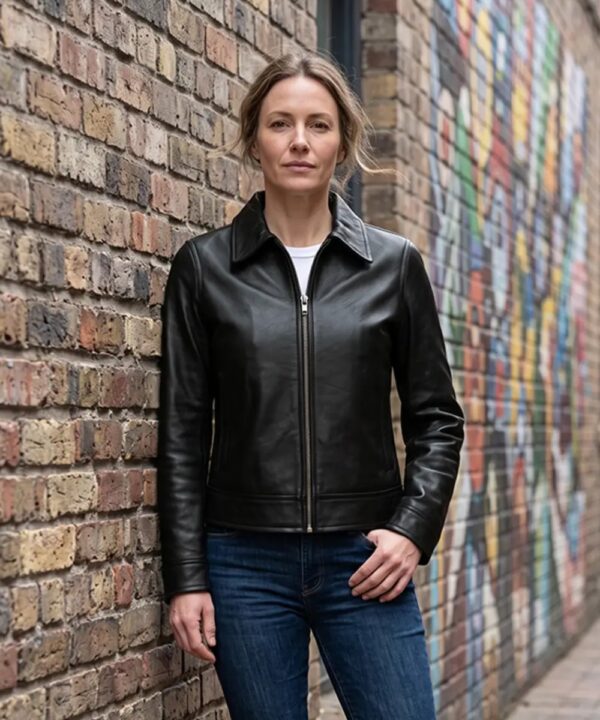 Women’s Black Leather Harrington Jacket – Refined Casual Design