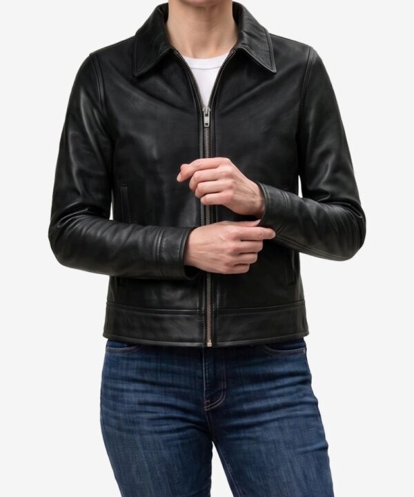 Women’s Black Leather Harrington Jacket – Refined Casual Design