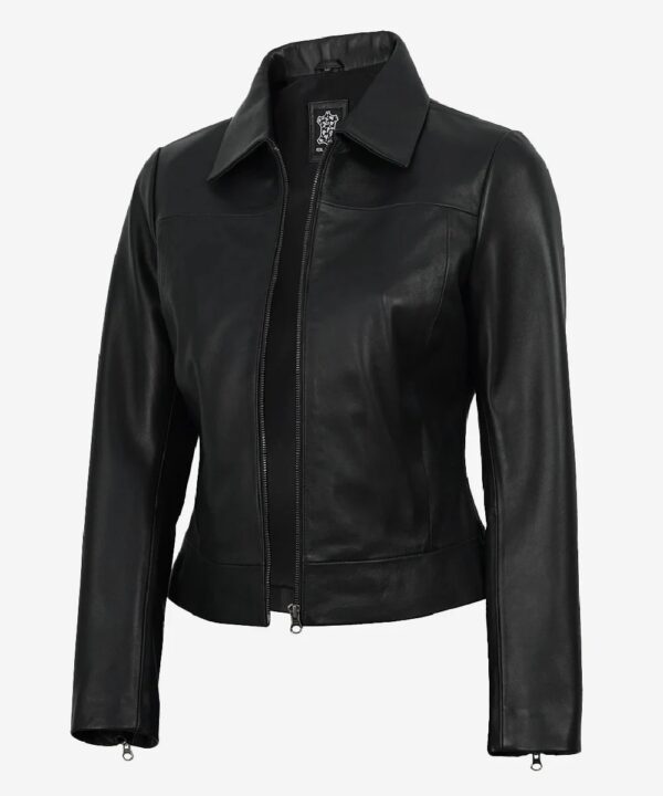 Women’s Black Leather Jacket – Classic Harrington Style