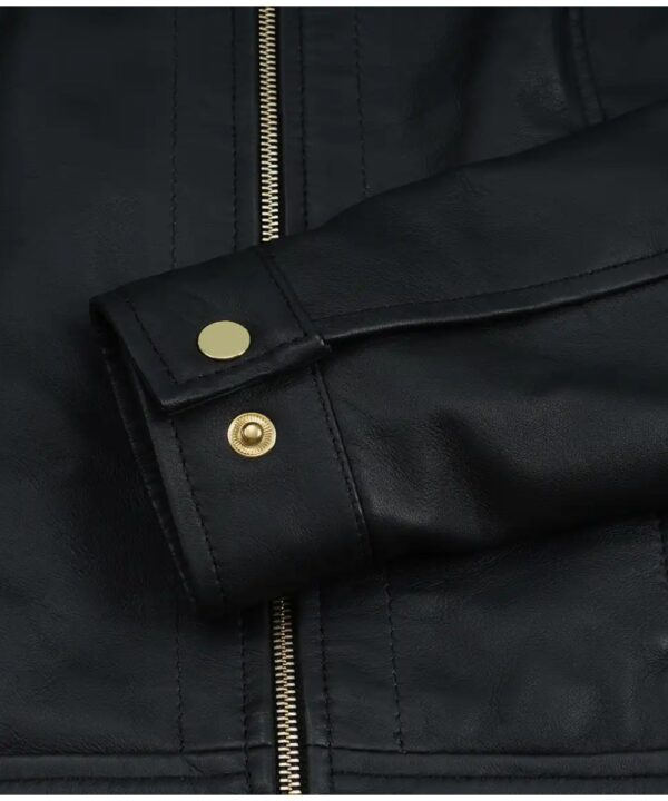 Women’s Black Leather Jacket – Belted Waist & Gold Details