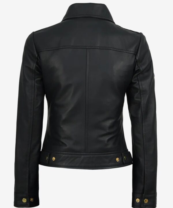 Women’s Black Leather Jacket – Belted Waist & Gold Details