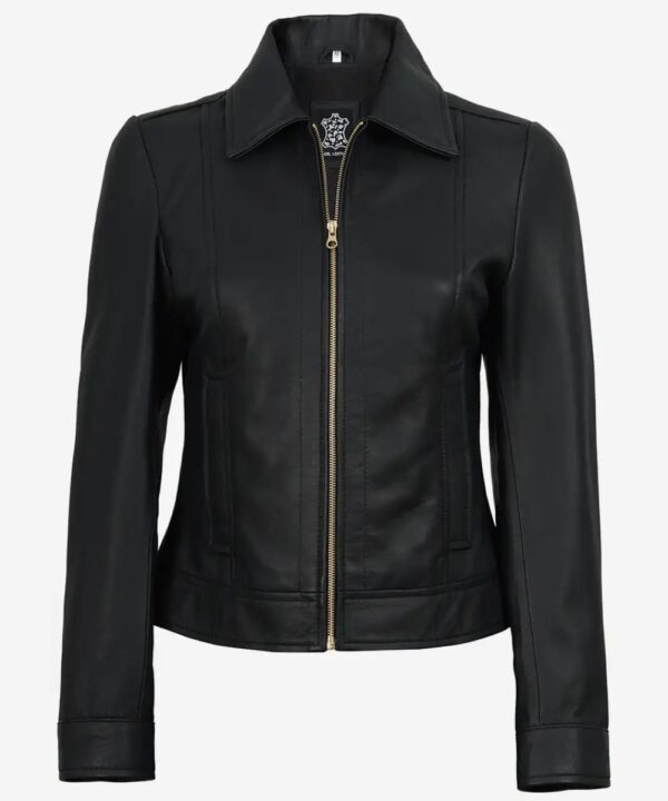 Women’s Black Leather Jacket – Belted Waist & Gold Details