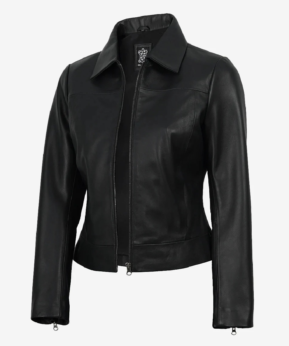 Women’s Black Leather Jacket – Classic Harrington Style