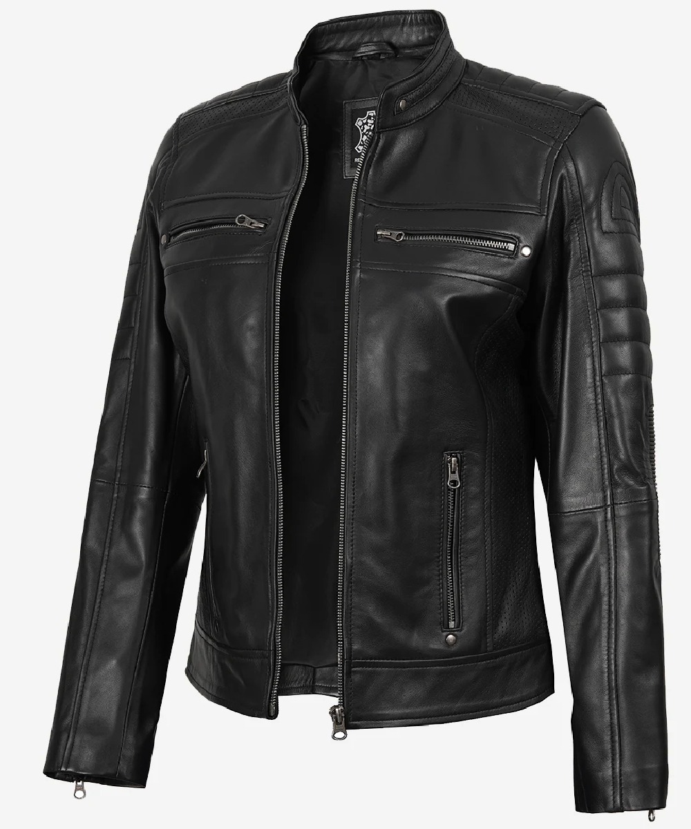 Women’s Black Leather Motorcycle Jacket – Sleek Biker Design