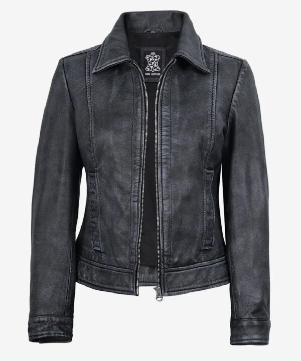 Women’s Black Washed Leather Jacket – Classic Harrington Style
