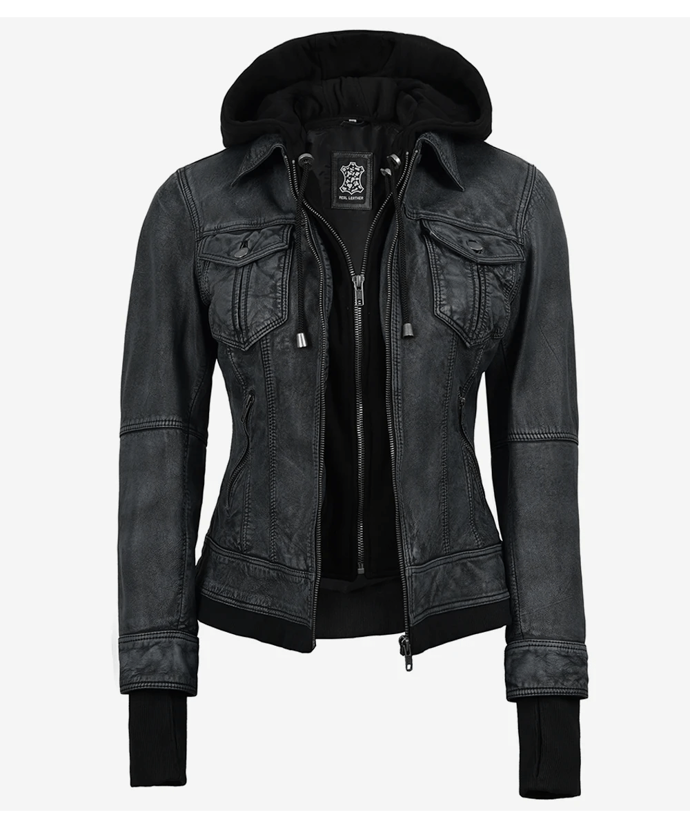 Women’s Black Washed Leather Jacket – Detachable Hood Style