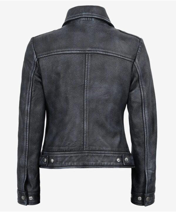 Women’s Black Washed Leather Jacket – Classic Harrington Style