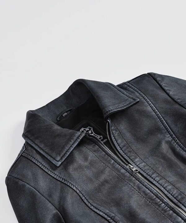 Women’s Black Washed Leather Jacket – Classic Harrington Style
