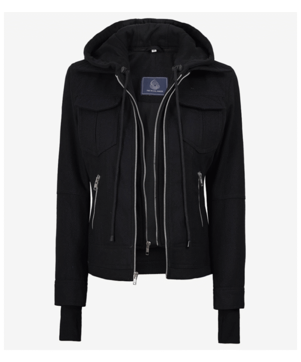 Women’s Black Wool Hooded Jacket – Zip Front Winter Style