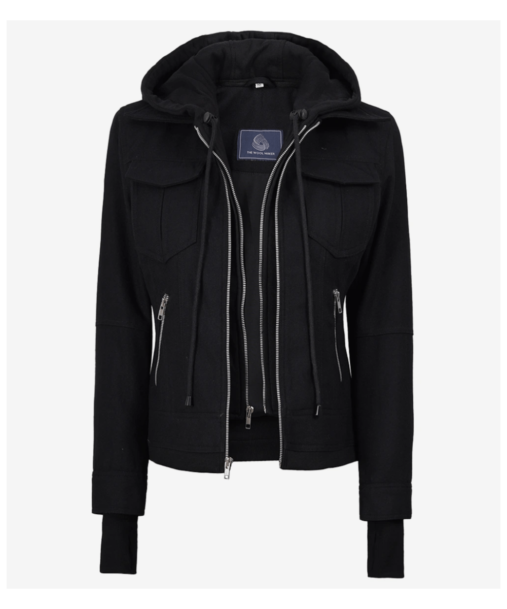 Women’s Black Wool Hooded Jacket – Zip Front Winter Style