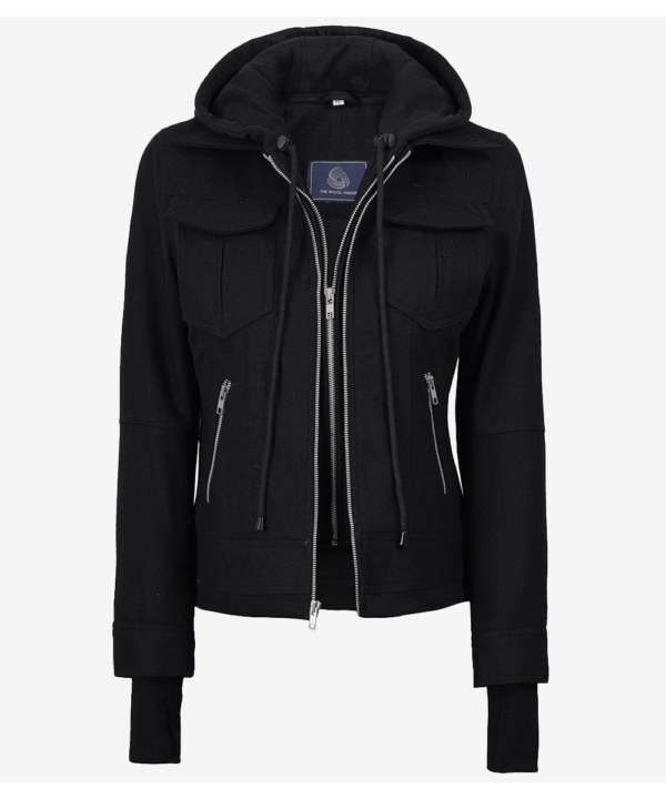 Women’s Black Wool Hooded Jacket – Zip Front Winter Style