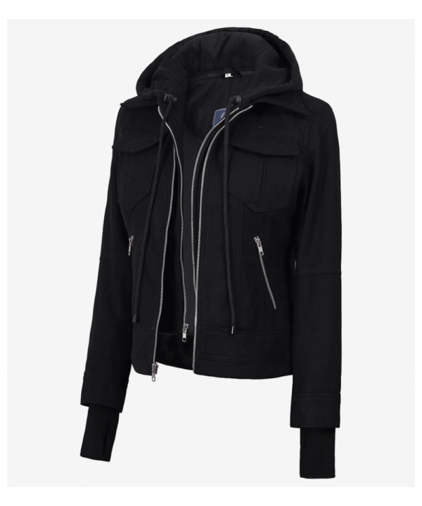 Women’s Black Wool Hooded Jacket – Zip Front Winter Style