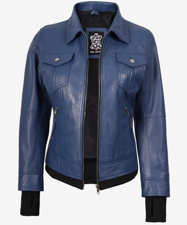 Women’s Blue Leather Bomber Jacket – Casual Hooded Style
