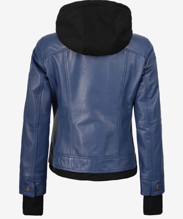 Women’s Blue Leather Bomber Jacket – Casual Hooded Style