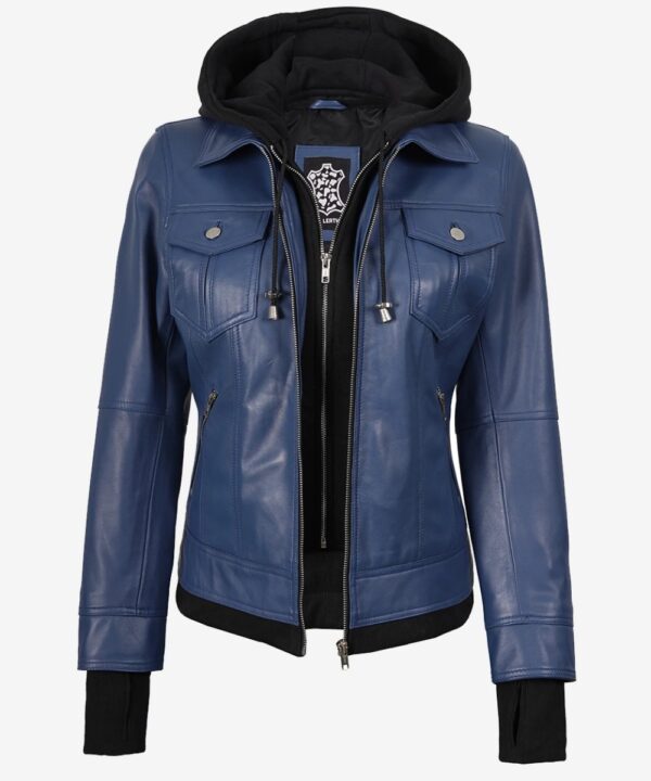 Women’s Blue Leather Bomber Jacket – Casual Hooded Style