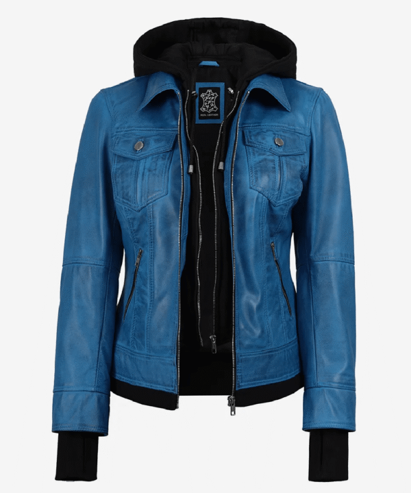 Women’s Blue Waxed Leather Jacket – Detachable Hood Style