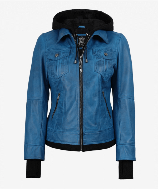Women’s Blue Waxed Leather Jacket – Detachable Hood Style