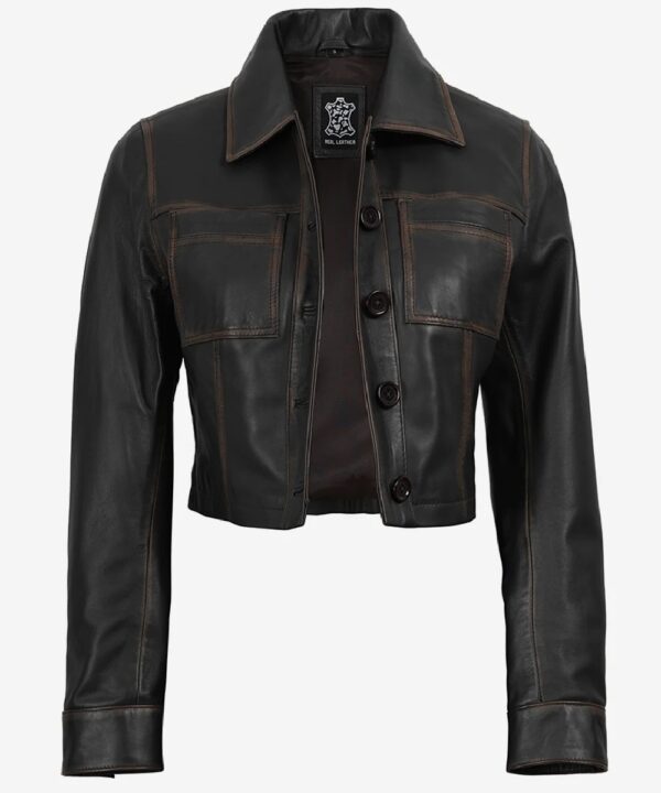 Women’s Brown Cropped Leather Jacket – Vintage-Inspired Style