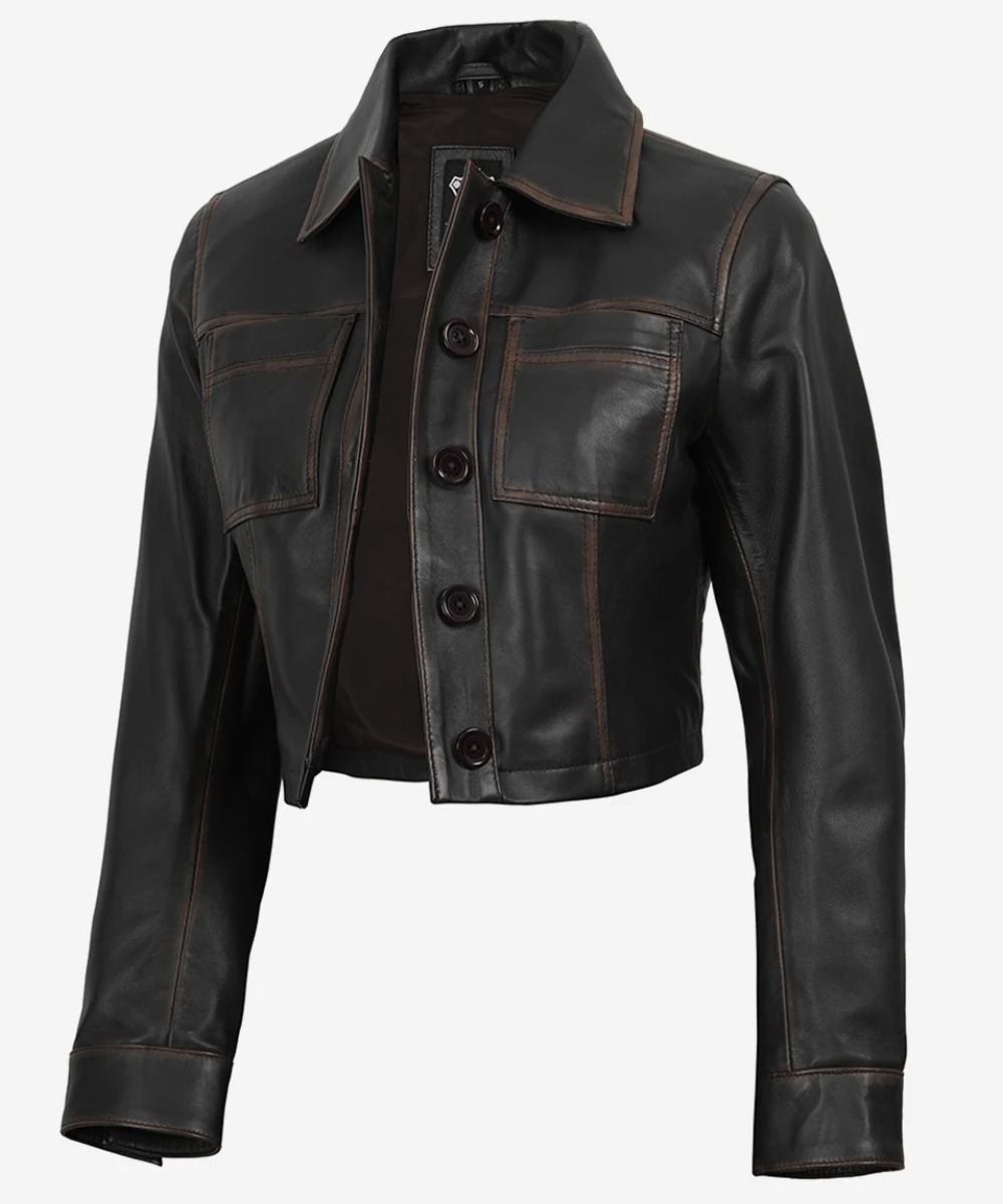 Women’s Brown Cropped Leather Jacket – Vintage-Inspired Style