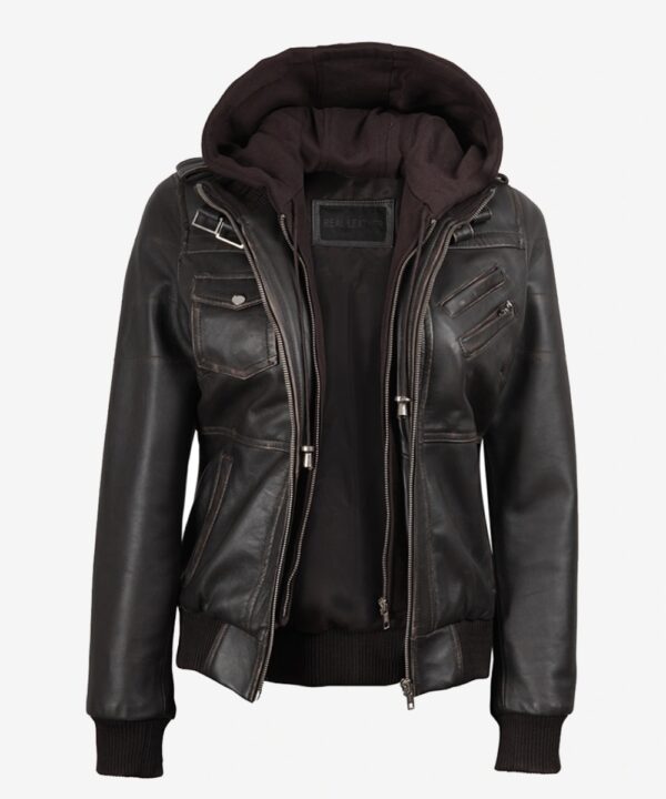 Women’s Brown Distressed Leather Bomber Jacket – Hooded Style