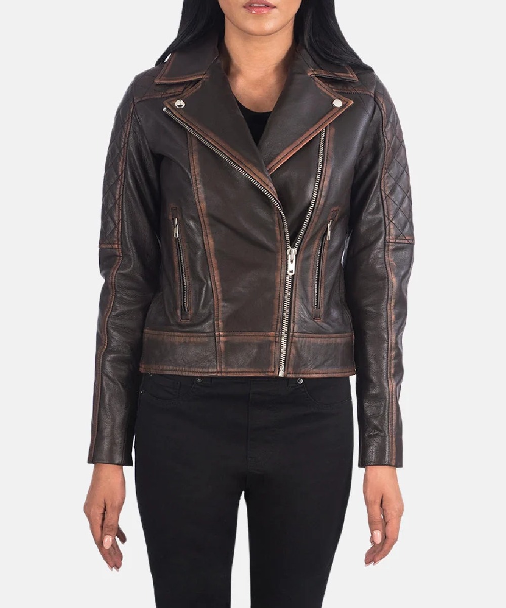 Women’s Brown Quilted Leather Moto Jacket – Vintage Style