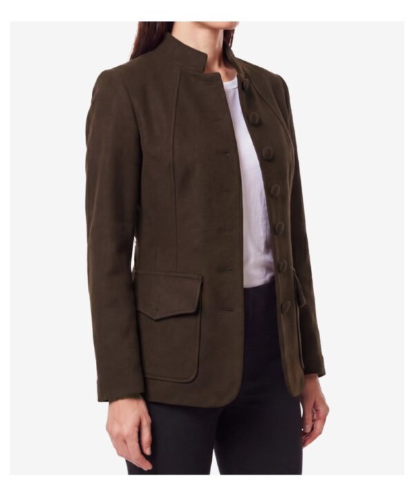 Women’s Brown Wool Military Jacket – Classic Mandarin Collar