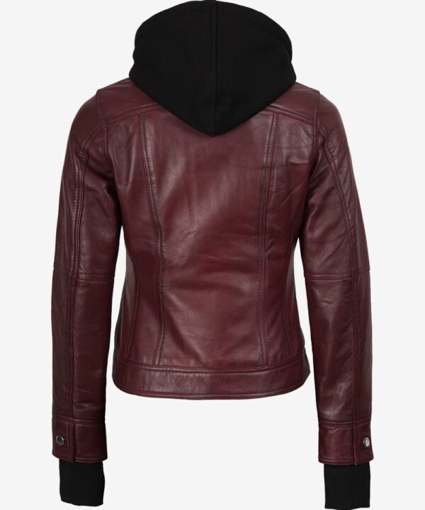 Women’s Burgundy Leather Bomber Jacket – Detachable Hood Style
