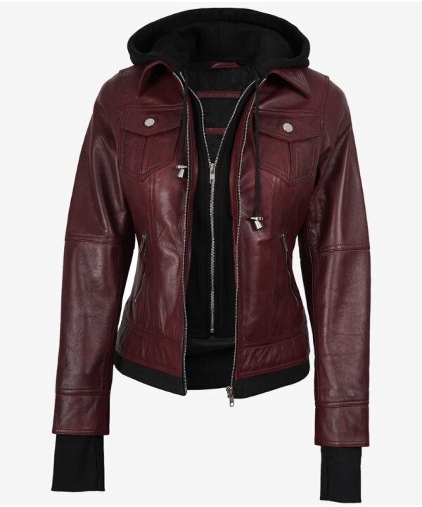 Women’s Burgundy Leather Bomber Jacket – Detachable Hood Style