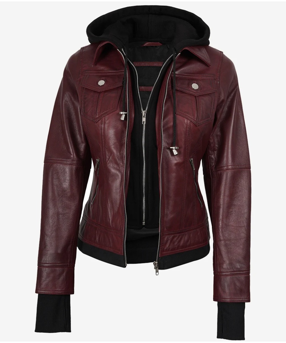 Women’s Burgundy Leather Bomber Jacket – Detachable Hood Style